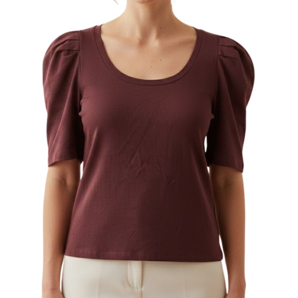 English Factory Women’s Puff Sleeve Top Burgundy Cotton Scoop Neck – Size S
